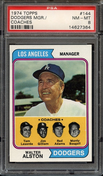 1974 TOPPS 144 DODGERS MGR./ COACHES PSA NM-MT 8