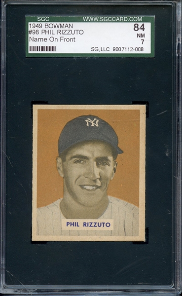 1949 BOWMAN 98 PHIL RIZZUTO NAME ON FRONT SGC NM 84 / 7