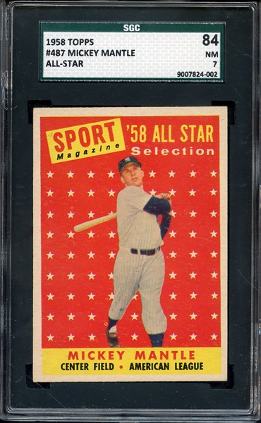1958 TOPPS 487 MICKEY MANTLE ALL STAR SGC NM 84 / 7