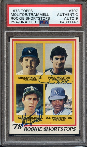 1978 TOPPS 707 SIGNED PAUL MOLITOR ALAN TRAMMELL PSA AUTHENTIC PSA/DNA AUTO 9