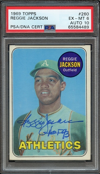 1969 TOPPS 260 SIGNED REGGIE JACKSON PSA EX-MT 6 PSA/DNA AUTO 10