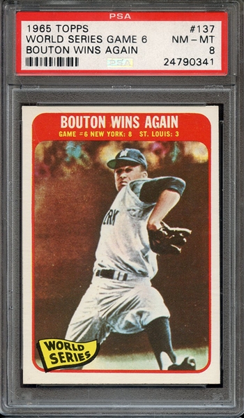 1965 TOPPS 137 WORLD SERIES GAME 6 BOUTON WINS AGAIN PSA NM-MT 8