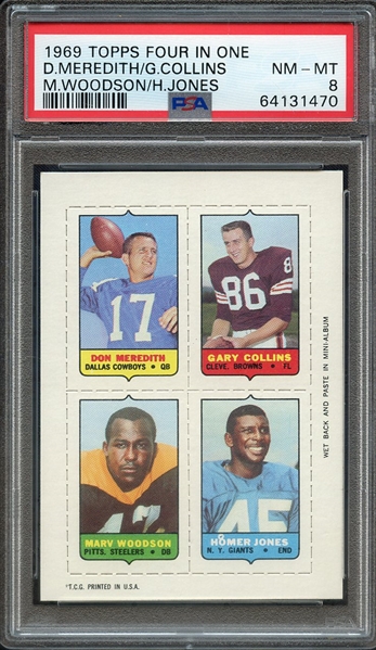1969 TOPPS FOUR IN ONE D.MEREDITH/G.COLLINS M.WOODSON/H.JONES PSA NM-MT 8