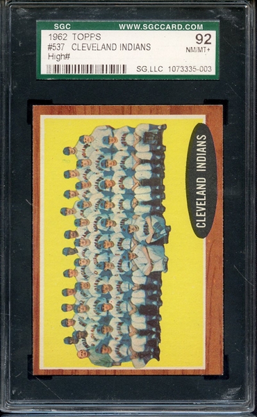 1962 TOPPS 537 CLEVELAND INDIANS SGC NM/MT+ 92