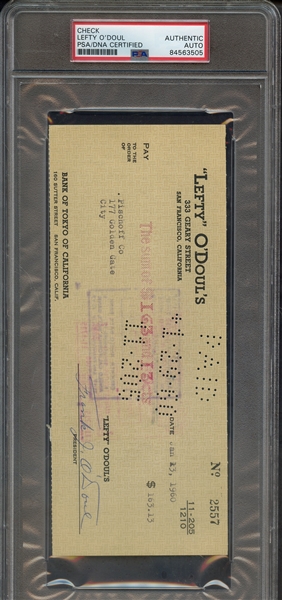 LEFTY O'DOUL SIGNED CHECK PSA/DNA AUTO AUTHENTIC