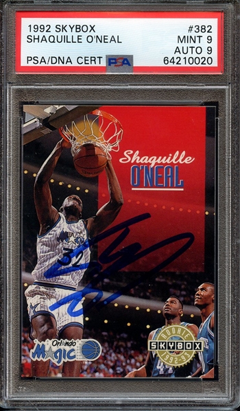 1992 SKYBOX 382 SIGNED SHAQUILLE O'NEAL PSA MINT 9 PSA/DNA AUTO 9