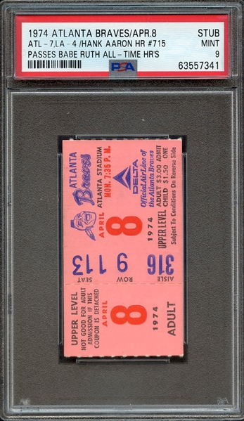 1974 ATLANTA BRAVES/APR.8- TICKET STUB ATL-7,LA-4 /HANK AARON HR #715 PASSES BABE RUTH ALL-TIME HR'S PSA MINT 9