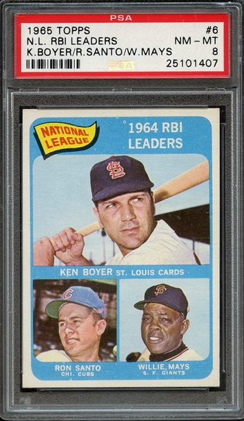 1965 TOPPS 6 N.L. RBI LEADERS K.BOYER/R.SANTO/W.MAYS PSA NM-MT 8