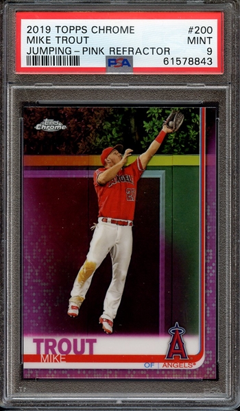 2019 TOPPS CHROME 200 MIKE TROUT JUMPING-PINK REFRACTOR PSA MINT 9