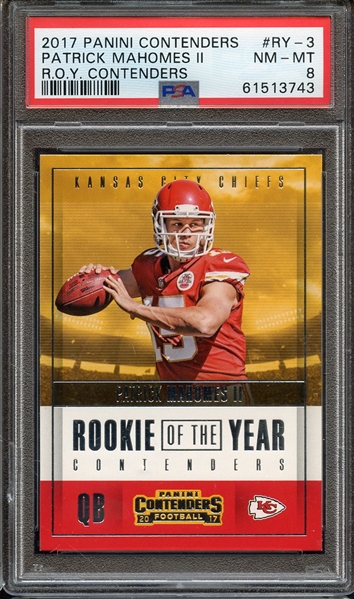 2017 PANINI CONTENDERS ROOKIE OF THE YEAR CONTENDERS RY-3 PATRICK MAHOMES II R.O.Y. CONTENDERS PSA NM-MT 8