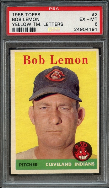 1958 TOPPS 2 BOB LEMON YELLOW TM. LETTERS PSA EX-MT 6