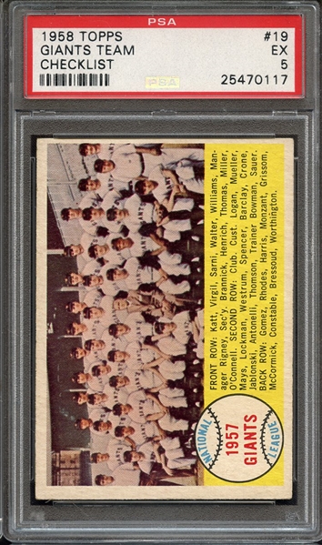 1958 TOPPS 19 GIANTS TEAM CHECKLIST PSA EX 5