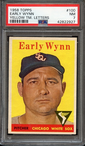 1958 TOPPS 100 EARLY WYNN YELLOW TM. LETTERS PSA NM 7