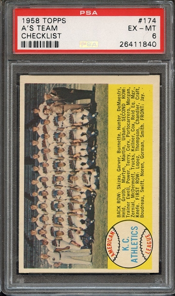 1958 TOPPS 174 A'S TEAM CHECKLIST PSA EX-MT 6