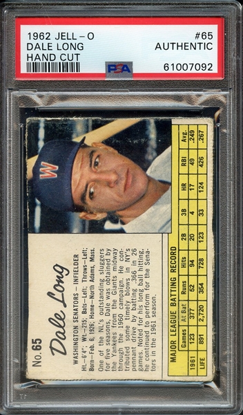 1962 JELL-O 65 DALE LONG HAND CUT PSA AUTHENTIC