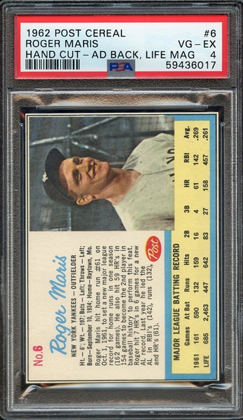 1962 POST CEREAL 6 ROGER MARIS HAND CUT-AD BACK, LIFE MAG PSA VG-EX 4