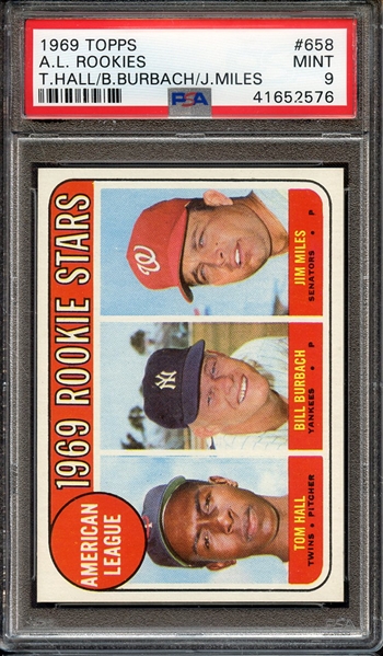 1969 TOPPS 658 A.L. ROOKIES T.HALL/B.BURBACH/J.MILES PSA MINT 9