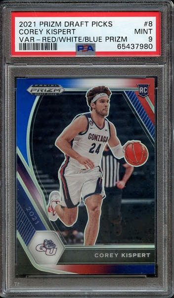 2021 PANINI PRIZM DRAFT PICKS 8 COREY KISPERT VAR-RED/WHITE/BLUE PRIZM PSA MINT 9