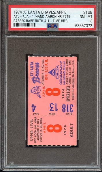 1974 ATLANTA BRAVES/APR.8- TICKET STUB ATL-7,LA-4 /HANK AARON HR #715 PASSES BABE RUTH ALL-TIME HR'S PSA NM-MT 8