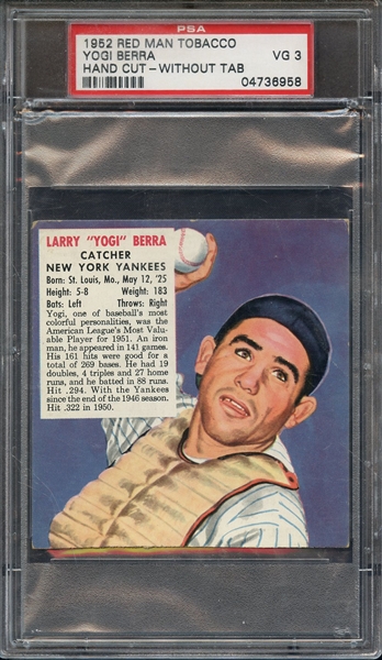 1952 RED MAN TOBACCO LARRY YOGI BERRA HAND CUT-WITHOUT TAB PSA VG 3