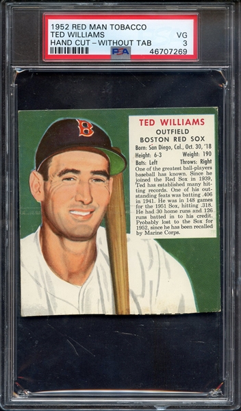 1952 RED MAN TOBACCO TED WILLIAMS HAND CUT-WITHOUT TAB PSA VG 3