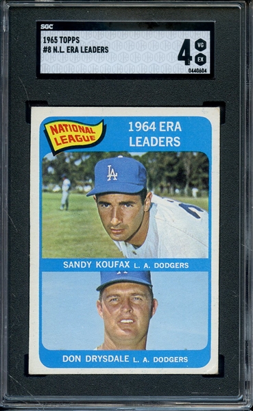 1965 TOPPS 8 NL ERA LEADERS SANDY KOUFAX DON DRYSDALE SGC VG-EX 4