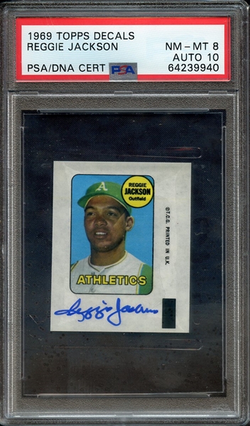 1969 TOPPS DECALS SIGNED REGGIE JACKSON PSA NM-MT 8 PSA/DNA AUTO 10