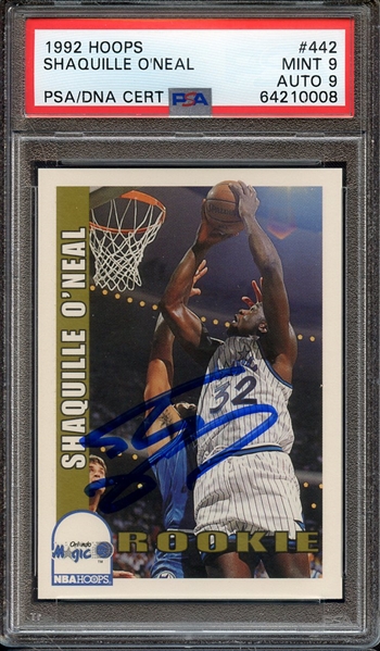 1992 HOOPS 442 SIGNED SHAQUILLE O'NEAL PSA MINT 9 PSA/DNA AUTO 9