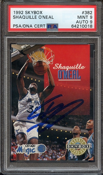 1992 SKYBOX 382 SIGNED SHAQUILLE O'NEAL PSA MINT 9 PSA/DNA AUTO 9