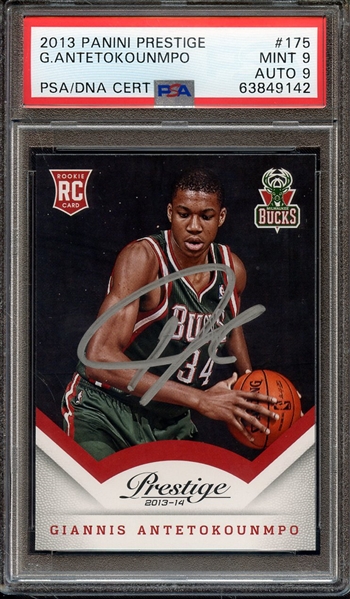 2013 PANINI PRESIGE 175 SIGNED GIANNIS ANTETOKOUNMPO PSA MINT 9 PSA/DNA AUTO 9