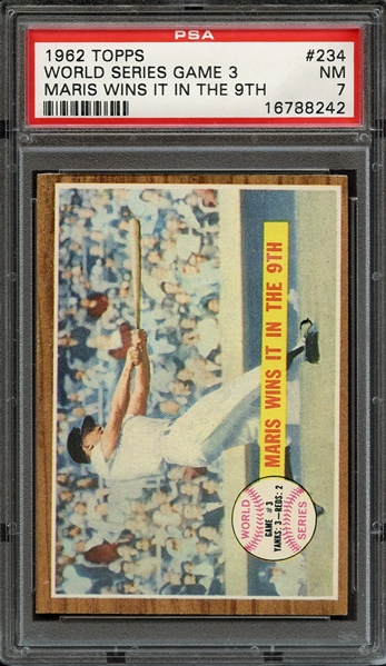 1962 TOPPS 234 WORLD SERIES GAME 3 MARIS WINS IT IN THE 9TH PSA NM 7
