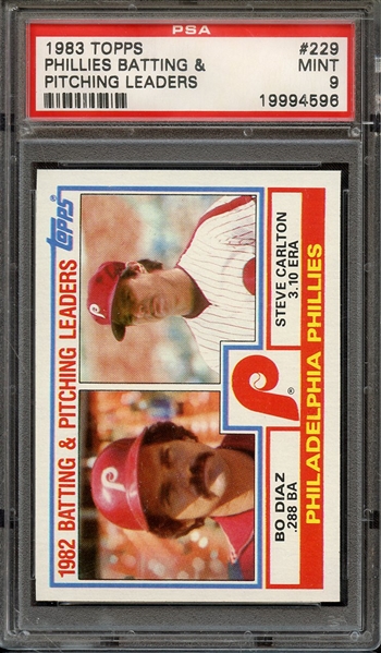 1983 TOPPS 229 PHILLIES BATTING & PITCHING LEADERS PSA MINT 9