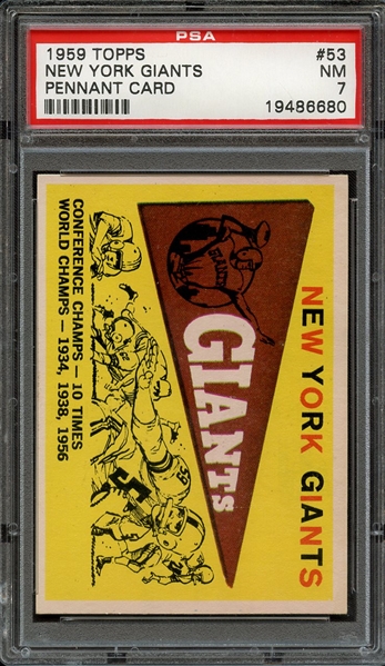 1959 TOPPS 53 NEW YORK GIANTS PENNANT CARD PSA NM 7