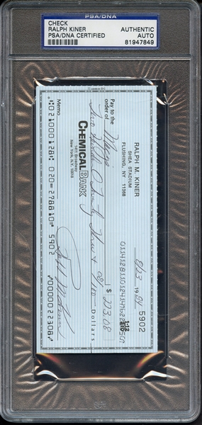 RALPH KINER SIGNED CHECK PSA/DNA AUTO AUTHENTIC