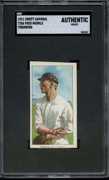 T206 SWEET CAPORAL 350-460 OVERPRINT FRED MERKLE THROWING SGC AUTHENTIC