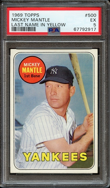 1969 TOPPS 500 MICKEY MANTLE LAST NAME IN YELLOW PSA EX 5