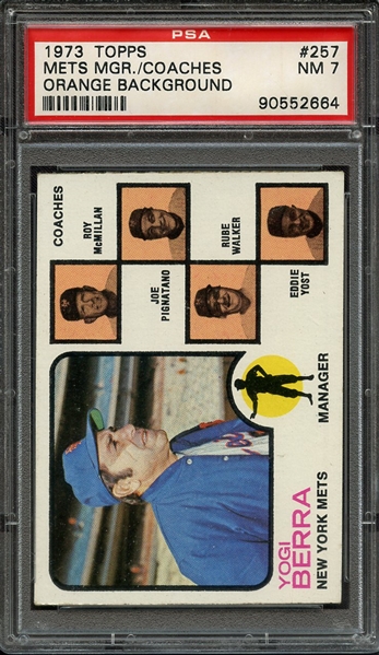1973 TOPPS 257 METS MGR./COACHES ORANGE BACKGROUND PSA NM 7