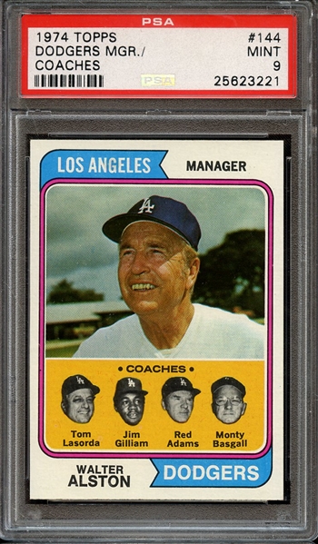 1974 TOPPS 144 DODGERS MGR./ COACHES PSA MINT 9