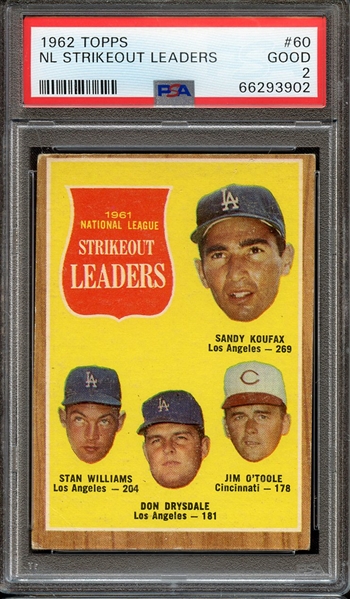 1962 TOPPS 60 NL STRIKEOUT LEADERS PSA GOOD 2