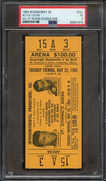 1965 BOXING-FULL FULL ALI VS. LISTON ALI 1ST ROUND KO/GOLD VAR. PSA EX 5
