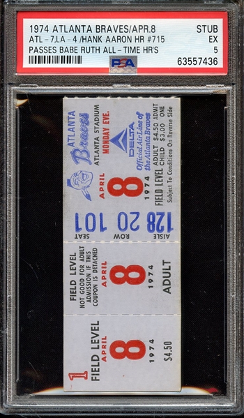 1974 ATLANTA BRAVES/APR.8-STUB STUB ATL-7,LA-4 /HANK AARON HR #715 PASSES BABE RUTH ALL-TIME HR'S PSA EX 5