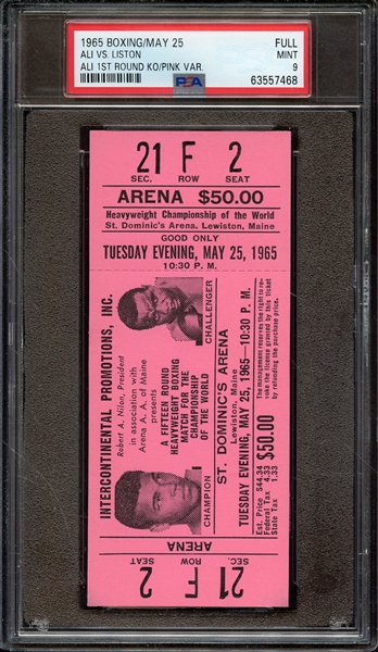 1965 BOXING-FULL FULL ALI VS. LISTON ALI 1ST ROUND KO/PINK VAR. PSA MINT 9