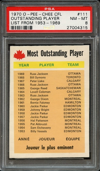 1970 O-PEE-CHEE CFL 111 OUTSTANDING PLAYER LIST FROM 1953-1969 PSA NM-MT 8