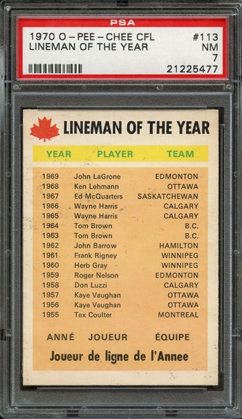1970 O-PEE-CHEE CFL 113 LINEMAN OF THE YEAR LIST FROM 1955-1969 PSA NM 7