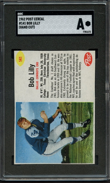 1962 POST CEREAL 141 BOB LILLY SGC AUTHENTIC