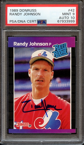 1989 DONRUSS 42 SIGNED RANDY JOHNSON PSA MINT 9 PSA/DNA AUTO 10