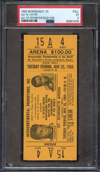 1965 BOXING-FULL FULL ALI VS. LISTON ALI 1ST ROUND KO/GOLD VAR. PSA EX 5