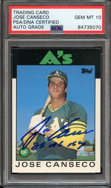 1986 TOPPS TRADED 20T SIGNED JOSE CANSECO 86 AL ROY PSA/DNA AUTO 10