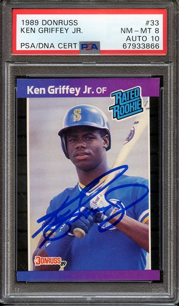 1989 DONRUSS 33 SIGNED KEN GRIFFEY JR PSA NM-MT 8 PSA/DNA AUTO 10