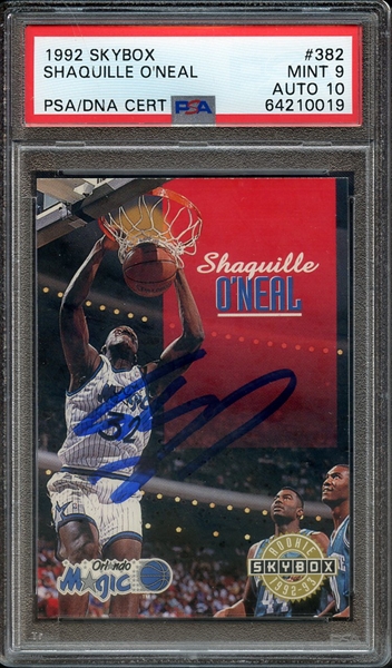 1992 SKYBOX 382 SIGNED SHAQUILLE O'NEAL PSA MINT 9 PSA/DNA AUTO 10
